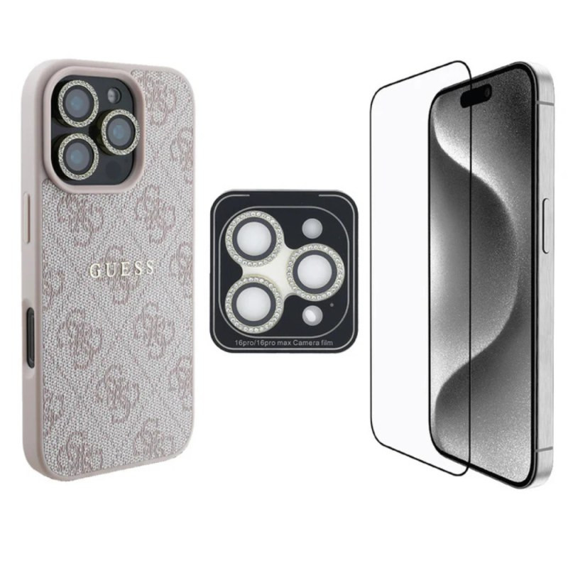 Pack protection 3-en-1 GUESS pour iPhone – MagSafe 4G Rhinestone Or Rose Pack protection 3-en-1 GUESS pour iPhone – MagSafe 4G Rhinestone Or Rose