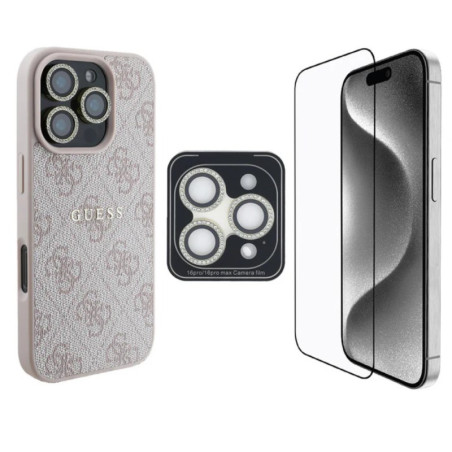 Pack protection 3-en-1 GUESS pour iPhone – MagSafe 4G Rhinestone Or Rose
