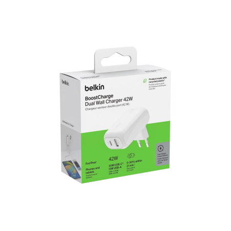 Adaptateur Secteur USB-A + USB-C BELKIN 42W - WCB009VFWH - Alimentatio