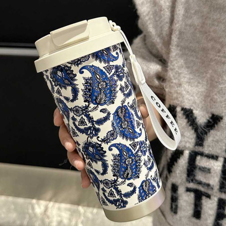 Bouteille d'eau en acier inoxydable isotherme avec corde de transport élargie 530ml - Feuilles bleues · Smarty Paris