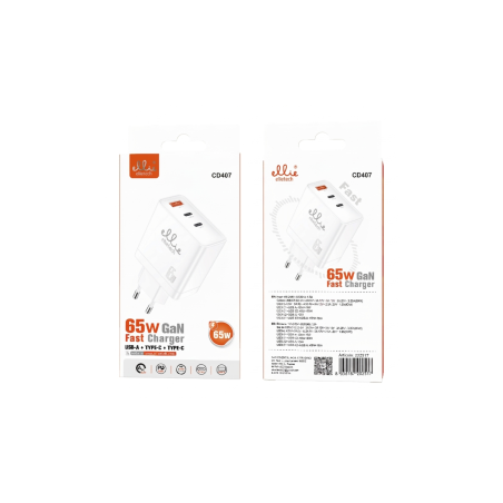 Chargeur Rapide USB-A + Duo USB-C 65W Ellietech CD407 - Blanc - Suppor