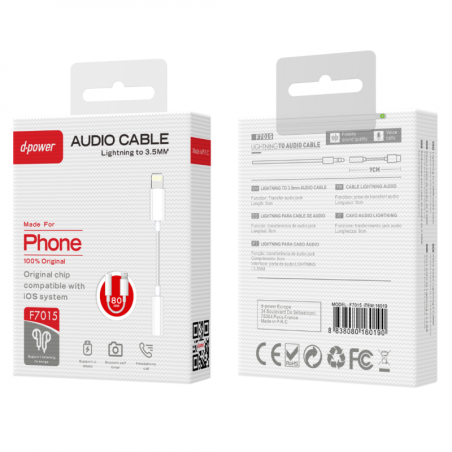Adaptateur Lightning / Jack 3.5mm - D-power F7015 - Blanc - 