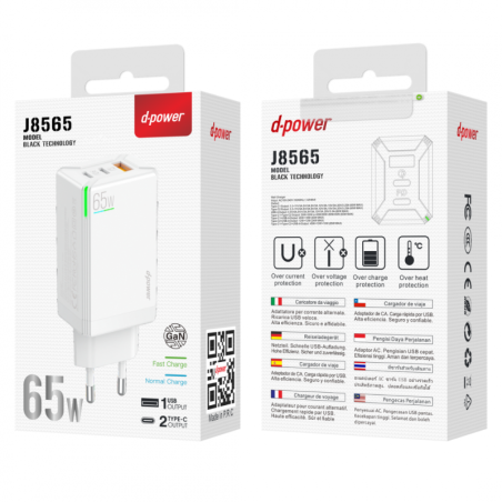 Adaptateur Secteur 65W 3 Ports 1USB + 2 Type-C - D-power J85