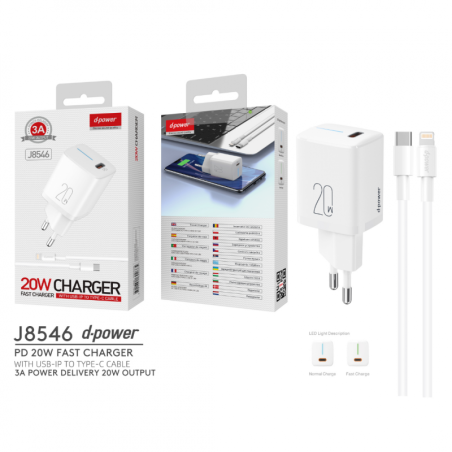 Kit Chargeur Type-C / Lightning 20W PD - D-power J8546 - Bla