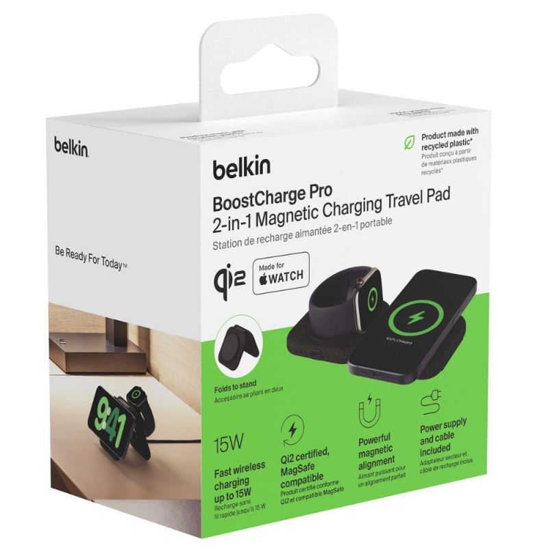 Belkin Chargeur magnétique de voyage Qi2 2-en-1 – 15W WIZ026vfBK Belkin Chargeur magnétique de voyage Qi2 2-en-1 – 15W WIZ026vfBK