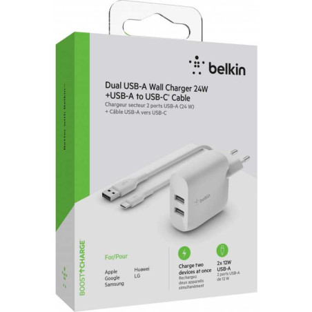 Kit Chargeur Type-C / USB BELKIN 2 Ports 24W - Audio Réf. A1