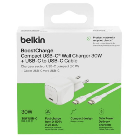 Belkin chargeur secteur USB-C avec câble – 30 W 1 m WCA008kq1MWH-B6