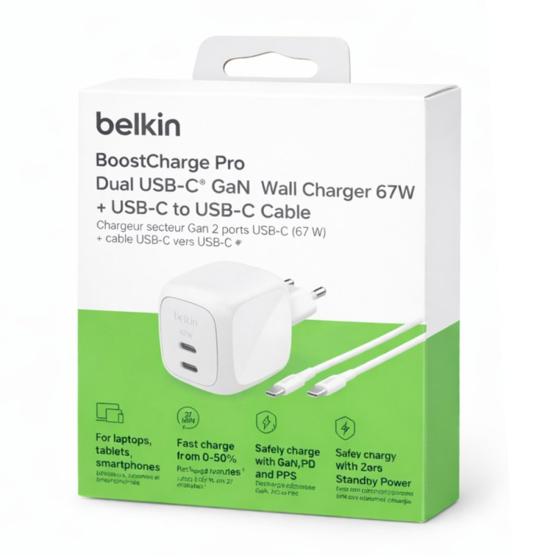 Belkin chargeur secteur 2 ports avec câble USB-C – 67 W 2 m WCH020KQ2MWH-B6 Belkin chargeur secteur 2 ports avec câble USB-C – 67 W 2 m WCH020KQ2MWH-B6