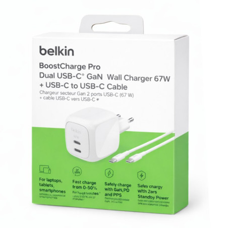 Belkin chargeur secteur 2 ports avec câble USB-C – 67 W 2 m WCH020KQ2MWH-B6
