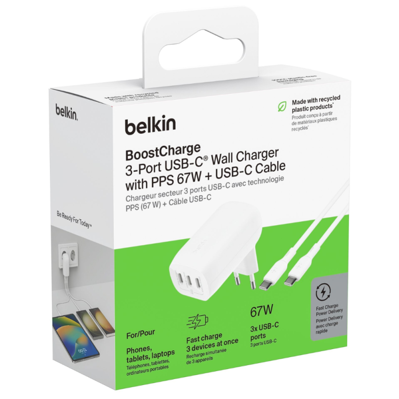 Adaptateur Secteur / Câble USB-C / USB-C - 3 USB-C BELKIN 67W - WCC002vf2MWH-B6 Adaptateur Secteur / Câble USB-C / USB-C - 3 USB-C BELKIN 67W - WCC002vf2MWH-B6