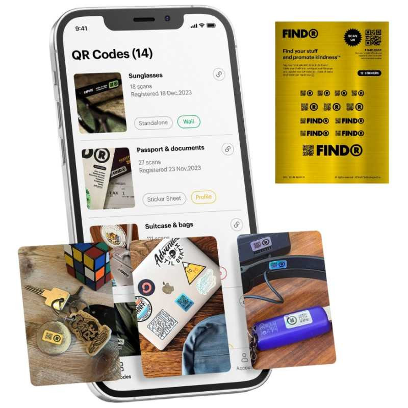 Autocollants QR code FindR alliage brossé – feuille de 12 Or Autocollants QR code FindR alliage brossé – feuille de 12 Or