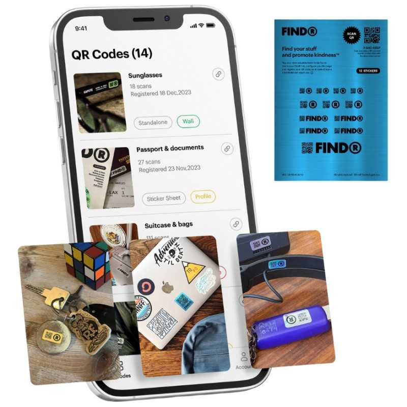 QR code stickers FindR brushed alloy – sheet of 12 Blue QR code stickers FindR brushed alloy – sheet of 12 Blue