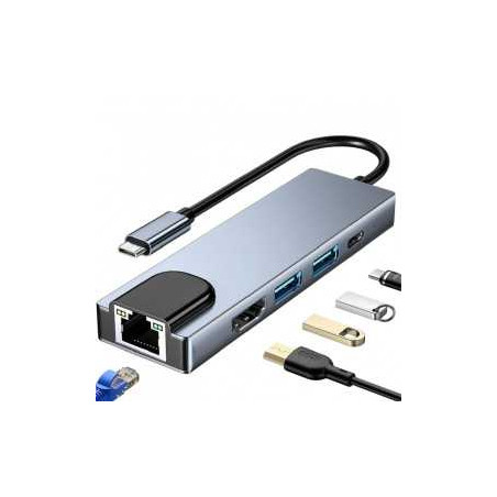 HUB Type C 5 en1 Type C vers PD USB 3.0 - Gris - Informatiques Ref G19