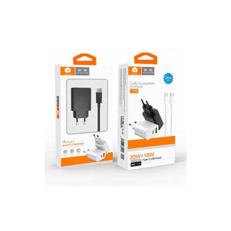 Kit Chargeur USB-C 20W + USB 18W + Cable Lightning - Noir (WUW T72) -