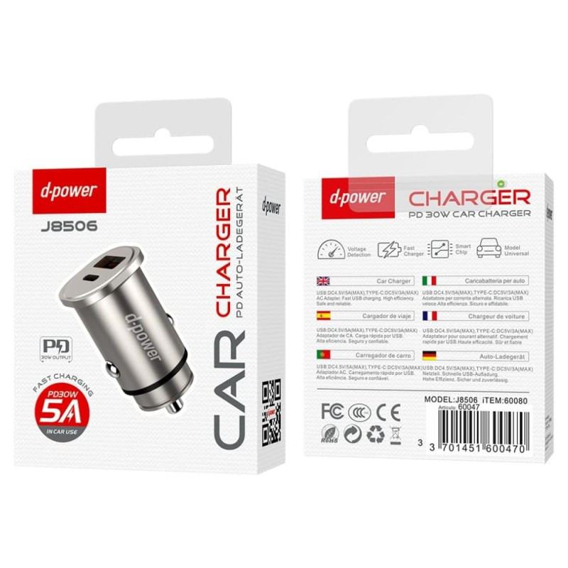 Chargeur allume-cigare D-Power J8506 – 48W USB-C + USB-A Gris