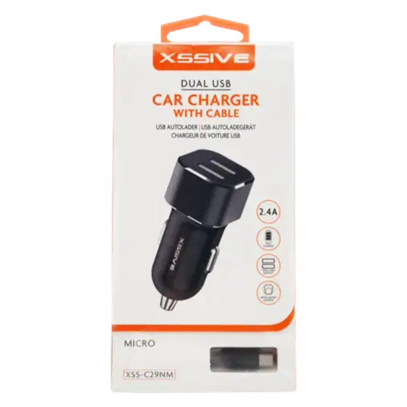 Chargeur voiture duo Xssive XSS-C29NM – 2,4A, câble Micro USB, Noir Chargeur voiture duo Xssive XSS-C29NM – 2,4A, câble Micro USB, Noir