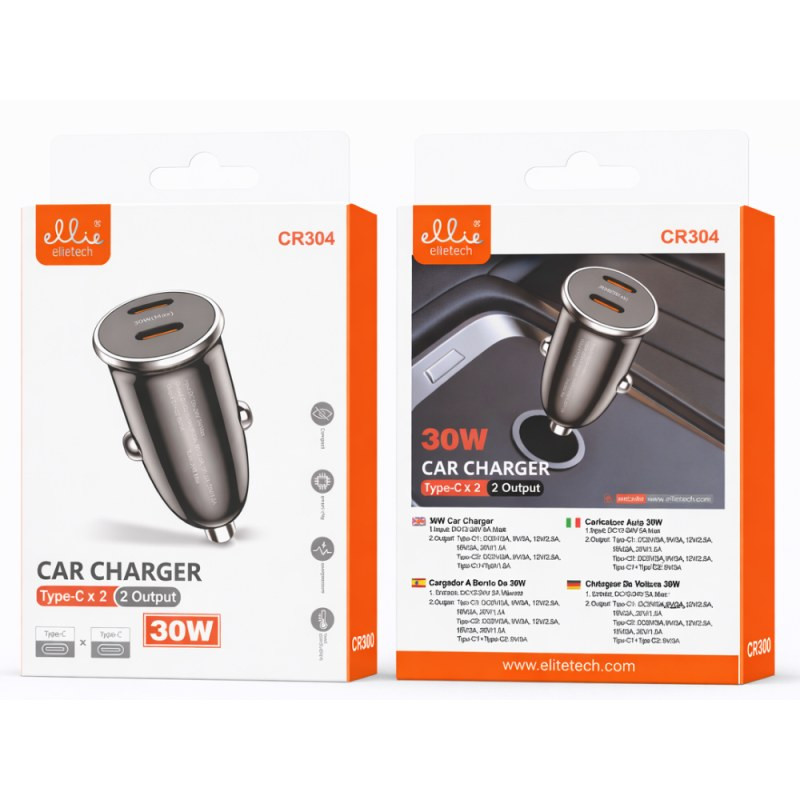 Car Charger Ellietech CR304 – Dual USB-C 30W Black