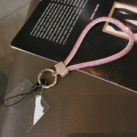 Phone Lanyard ECO – Rhinestones, Metal Hook and Clear Card Pink