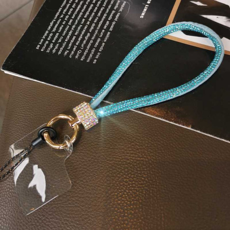 Phone lanyard ECO – rhinestones, clear card, blue