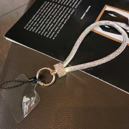 Phone lanyard ECO – rhinestones, clear card, white