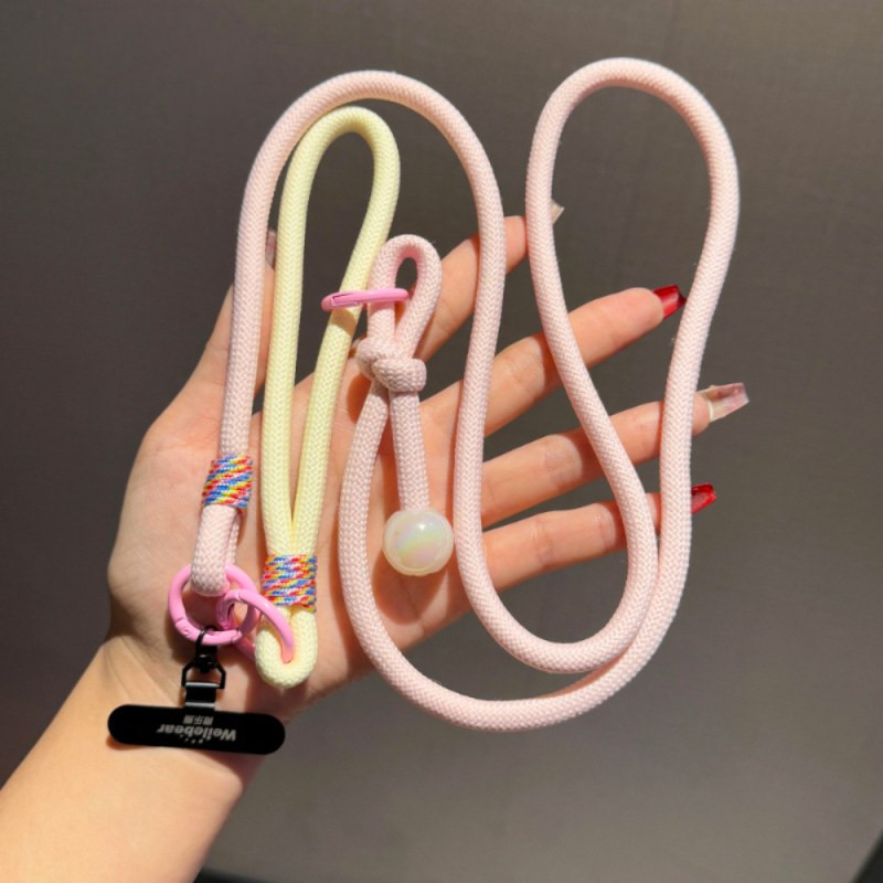 Collier téléphone ECO – cordon tressé rose poudré/beige avec perle, 115 cm