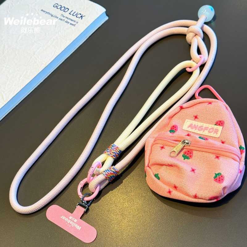 Phone Lanyard ECO Braided Bicolor – Powder Pink/Beige, Mini Pouch, Pearl, 115 cm