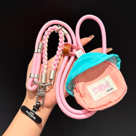Collier Téléphone Cordon Long Tressé Bicolore Rose avec Mini Pochette