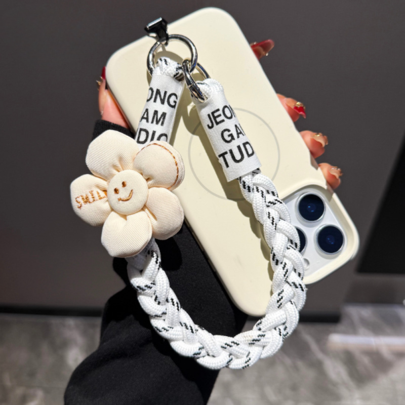 Short Braided Phone Strap ECO – White, Smiley Flower