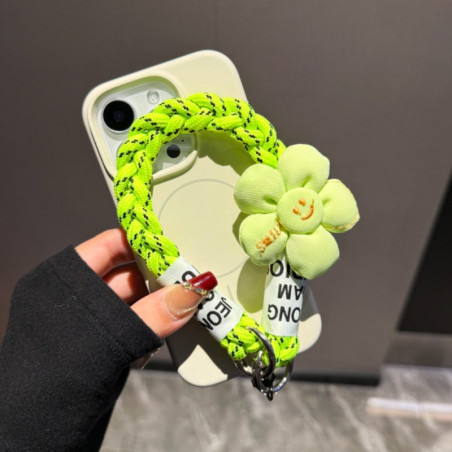 Short Braided Phone Strap ECO – Neon Green, Smiley Flower