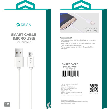 Câble USB / Micro - Devia Smart Series - 5V 2.1A 1M - Blanc — Devia · Smarty Paris 18e