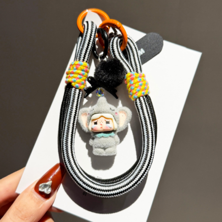 Lanière Téléphone Poignet Moelleuse Noir avec Porte-clés Poupée