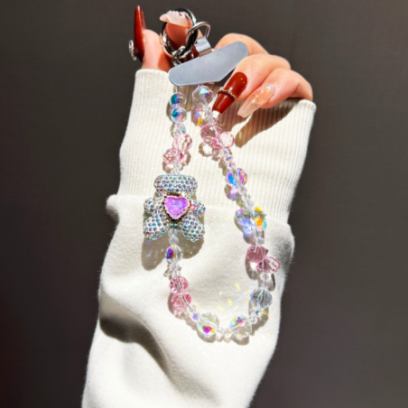 Phone Strap ECO – Luxury Crystal Teddy Bear, Pink Rhinestone Heart