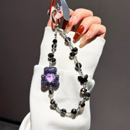 Phone Strap ECO – Luxury Crystal Teddy Bear, Black Rhinestone Heart