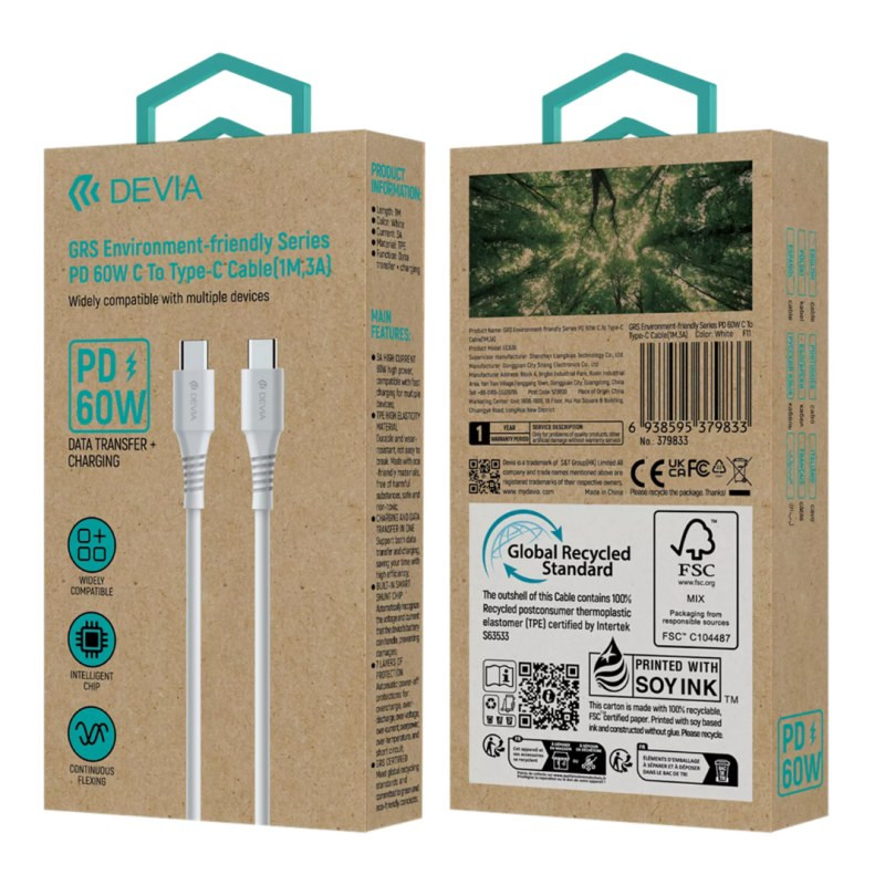 USB-C to USB-C Cable Devia GRS – 60W PD 3A 1m, White USB-C to USB-C Cable Devia GRS – 60W PD 3A 1m, White