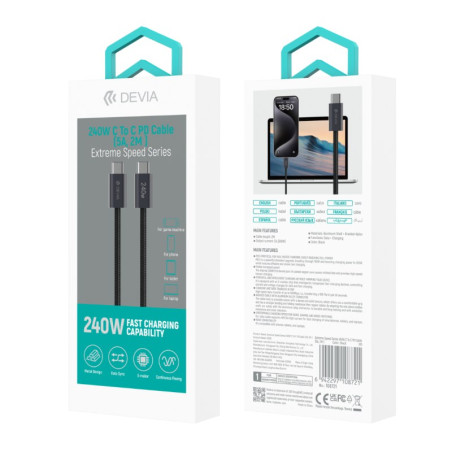 Câble Devia Extreme Speed Series USB-C vers USB-C – PD 240W 5A 2 m Noir