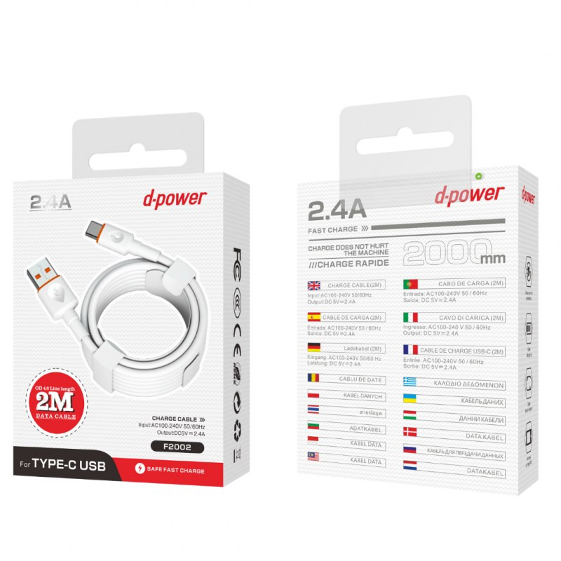USB to USB-C Cable D-power F2002 – 2 m White USB to USB-C Cable D-power F2002 – 2 m White