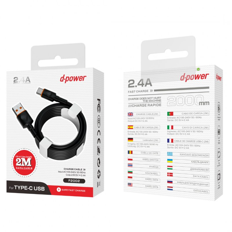 Câble USB vers Type-C D-power F2002 – 2 m Noir Câble USB vers Type-C D-power F2002 – 2 m Noir