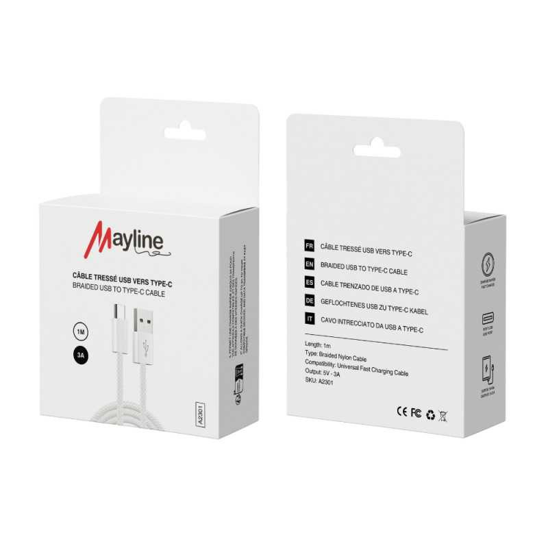 Câble Mayline USB vers USB-C 3A – nylon tressé 1 m