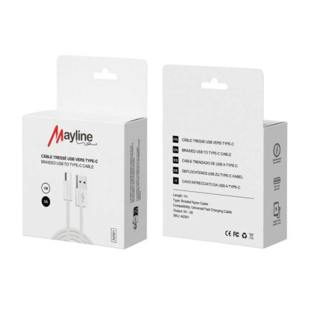 Câble Mayline USB vers USB-C 3A – nylon tressé 1 m