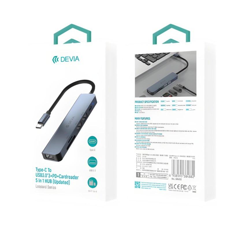 Hub USB-C Devia 5-en-1 – 3 x USB 3.0 lecteur de carte PD 3.0 Hub USB-C Devia 5-en-1 – 3 x USB 3.0 lecteur de carte PD 3.0
