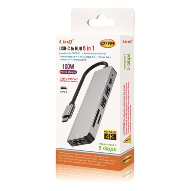 USB-C/USB Hub LinQ ID7964 – 6-in-1 USB 2.0, USB 3.0, SD, TF, PD