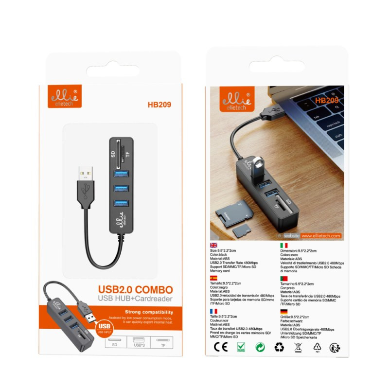 Adaptateur 5-en-1 Hub USB Ellietech HB209 – 3 USB-A + SD + TF Adaptateur 5-en-1 Hub USB Ellietech HB209 – 3 USB-A + SD + TF