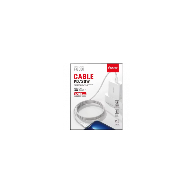 Câble Nylon Tressé - D-power F8001 - 1.2M Blanc