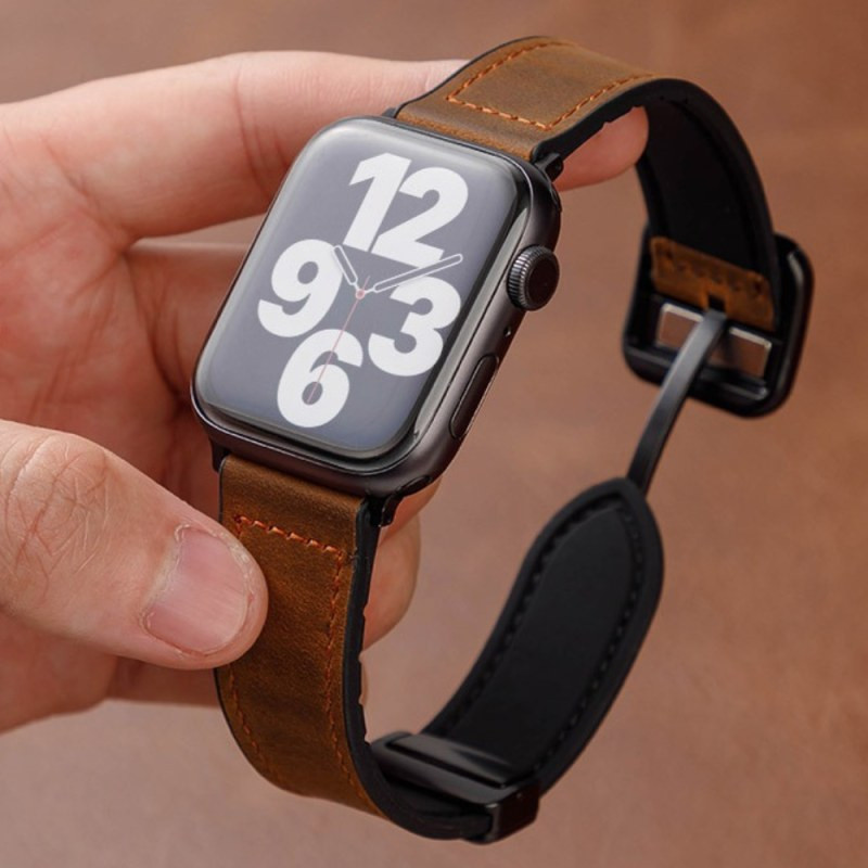 Bracelet magnétique ECO pour Apple Watch – Cuir véritable et silicone marron/noir