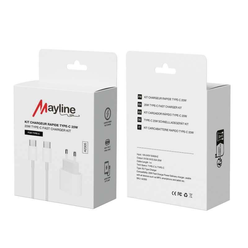Kit Chargeur Rapide 20W Câble Type-C vers Type-C 1M (Mayline) Kit Chargeur Rapide 20W Câble Type-C vers Type-C 1M (Mayline)