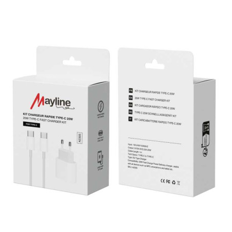 Kit Chargeur Rapide 20W Câble Type-C vers Type-C 1M (Mayline)