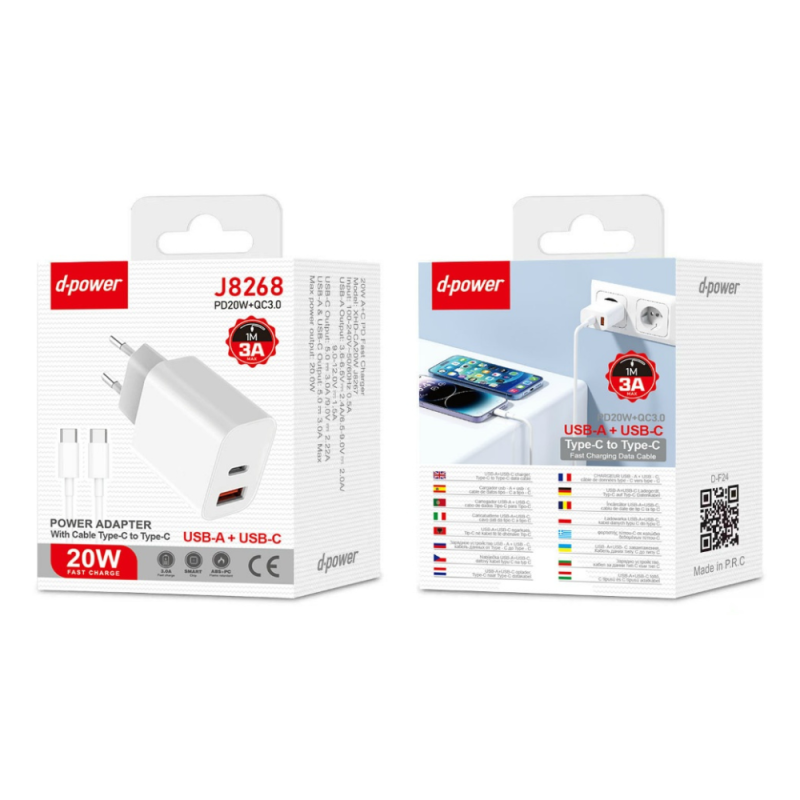 Charger Kit D-power J8268 – PD 20W QC 3.0 Type-C Cable 1 m