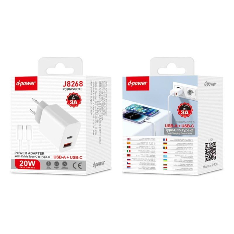 Charger Kit D-power J8268 – PD 20W QC 3.0 Type-C Cable 1 m