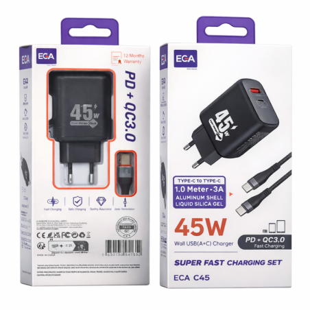 Kit Chargeur Type-C + USB-A PD 45W QC 3.0 avec Câble Type-C/Type-C 1m 3A - EGA C45 - Noir