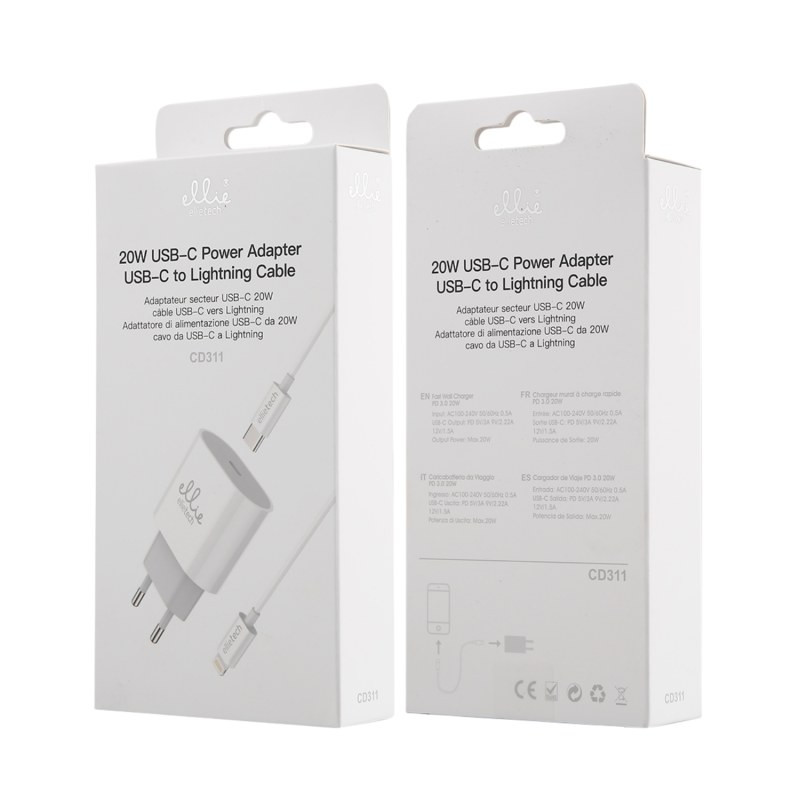 Kit chargeur Ellietech CD311 – USB-C vers Lightning 20W Blanc